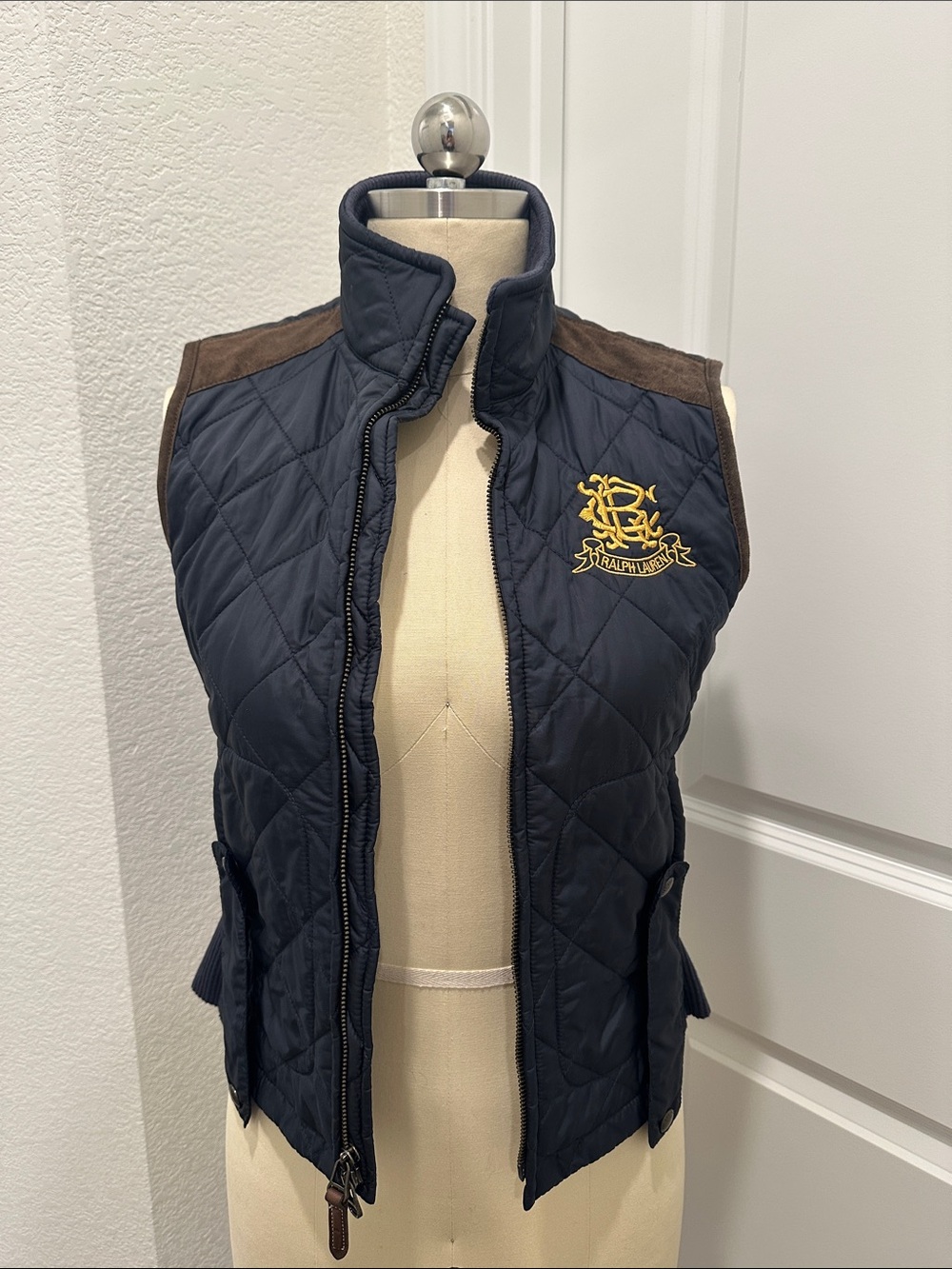 Ralph Lauren Navy Quilted Vest with Brown Suede Accents vintage